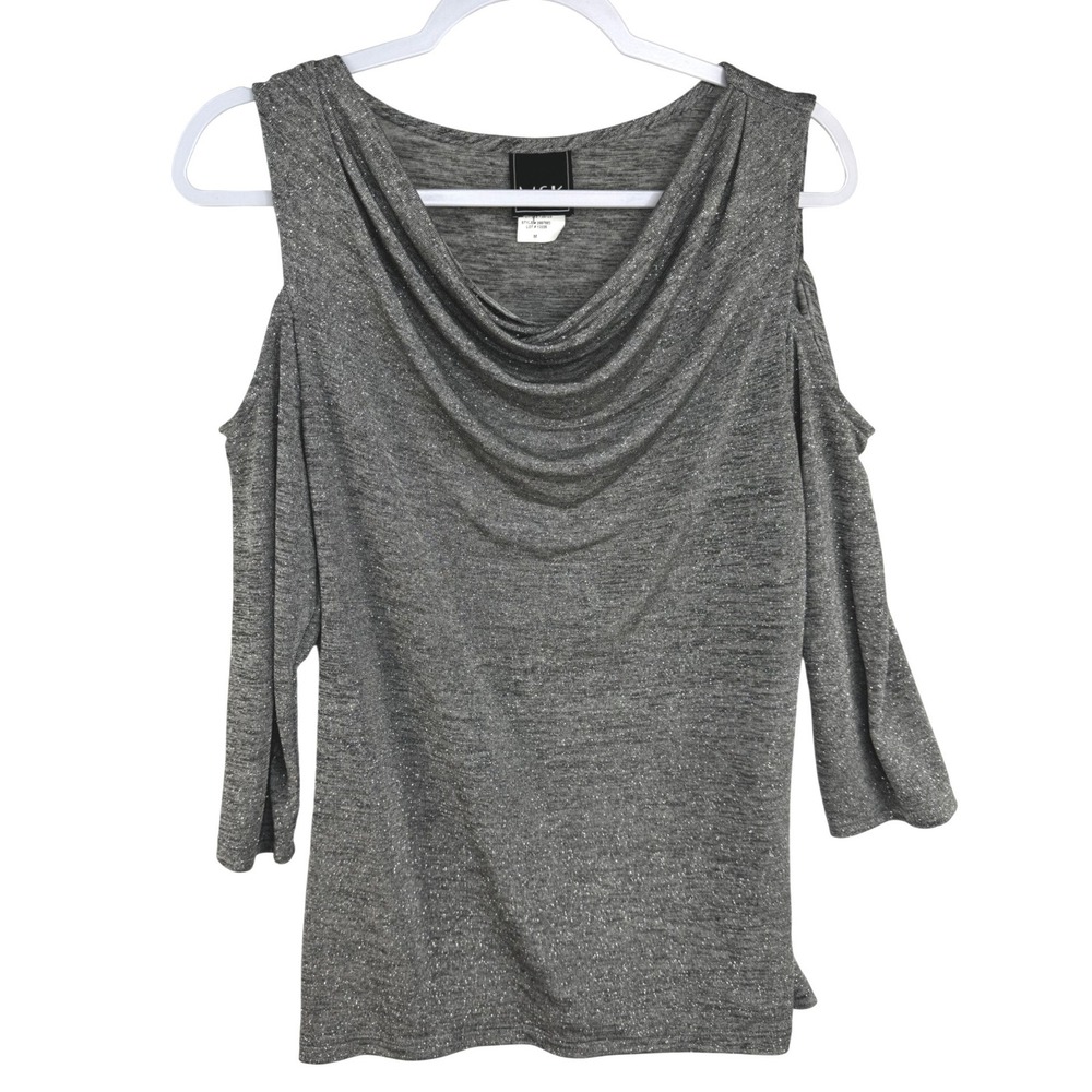 MSK Womens Gray Metallic Cold Shoulder Cowl Neck Top 3/4 Sleeve Glitter Blouse M